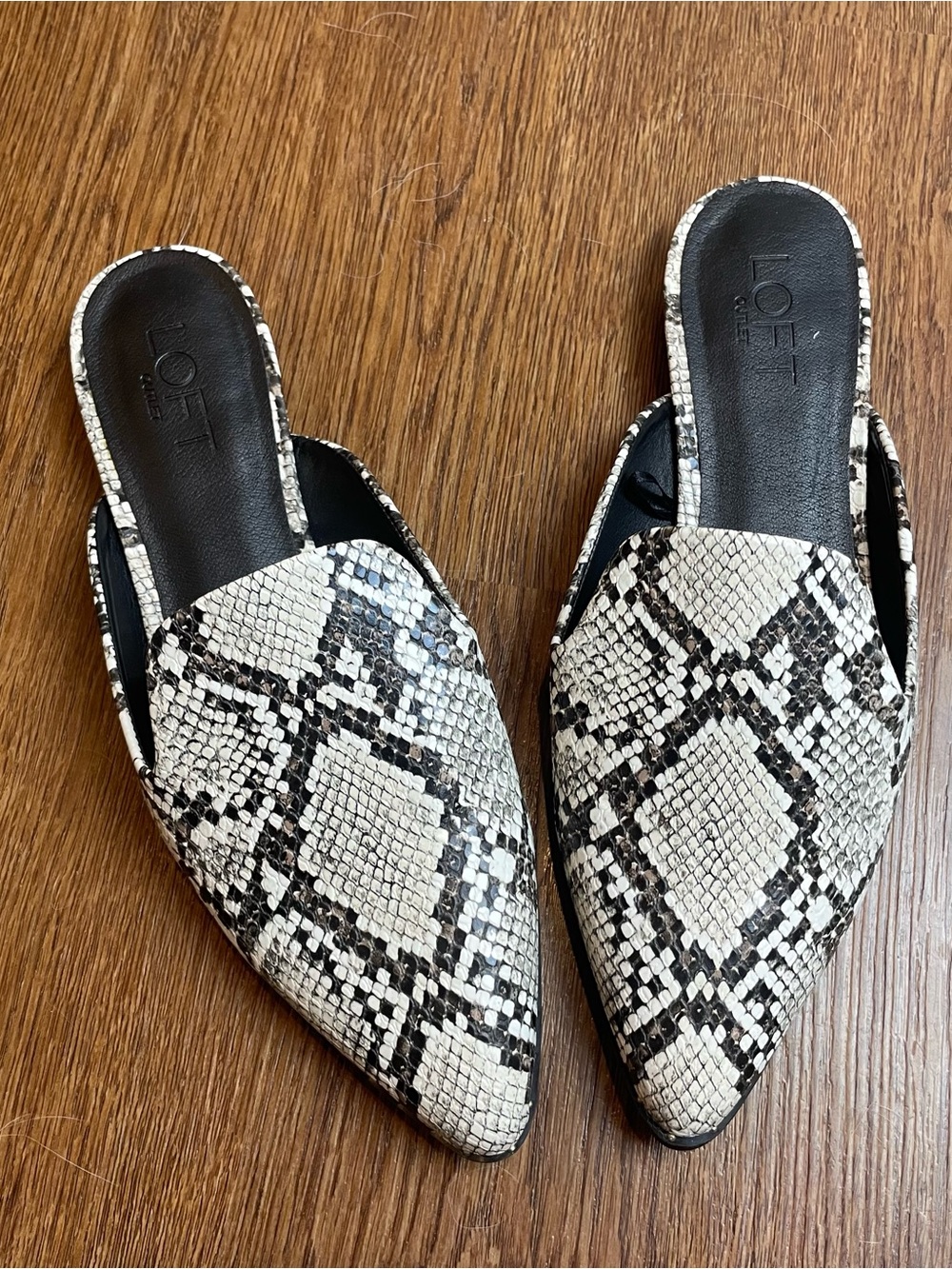 LOFT Black & White Snake-Print Pointed Slip-On Mules